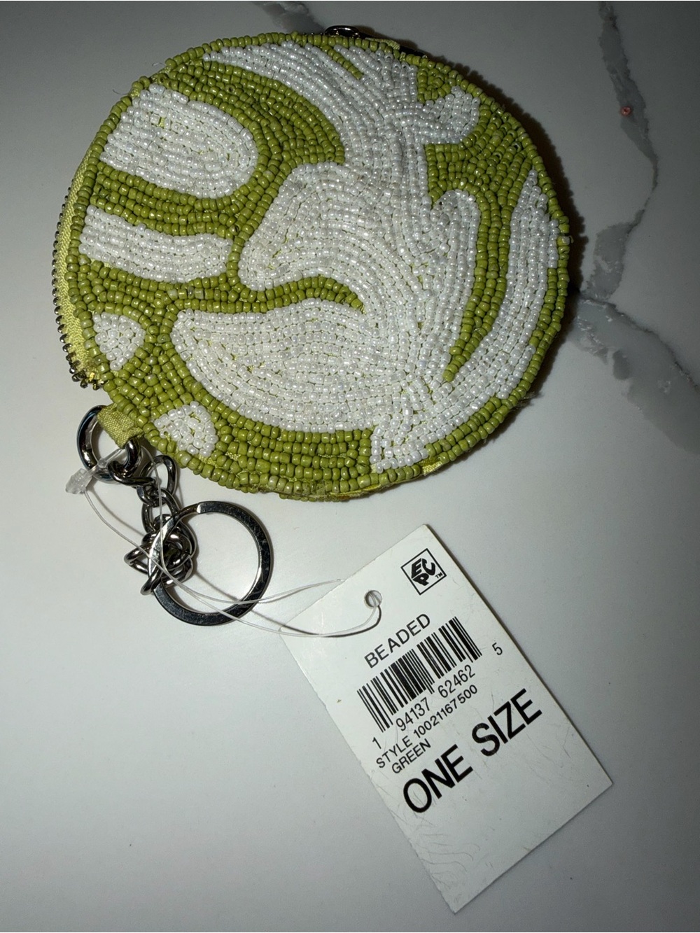 On 34th Hand Beaded Green and White Round Coin Purse Keychain